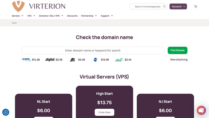 Скриншот хостера Virterion