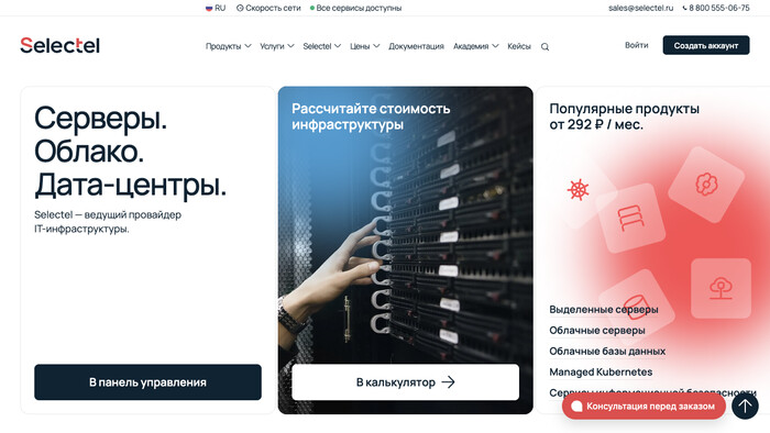 Скриншот хостера Selectel