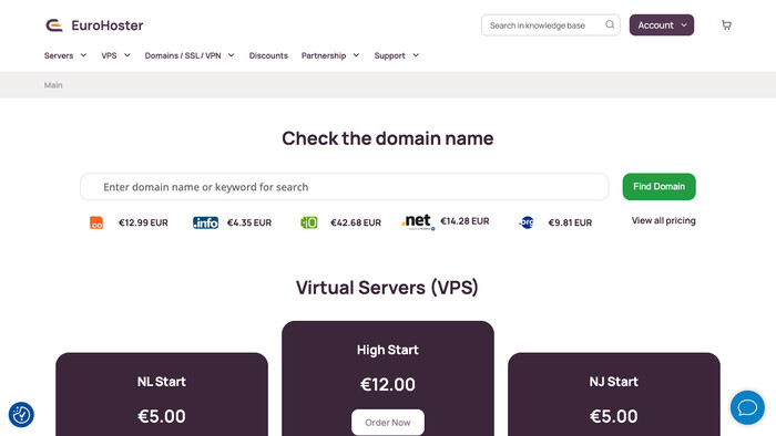 Скриншот хостера EuroHoster