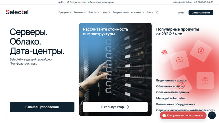 Скриншот хостера Selectel