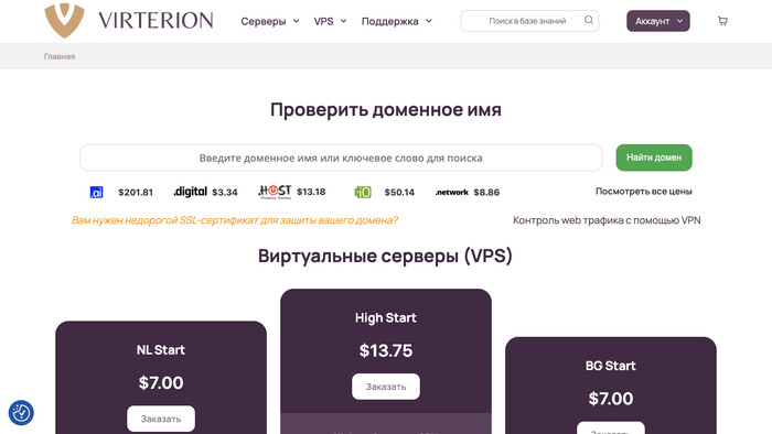 Скриншот хостера Virterion