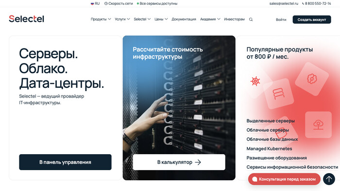 Скриншот хостера Selectel