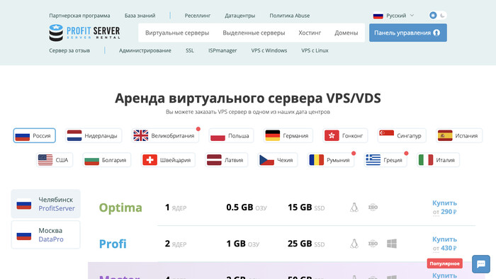 Скриншот хостера ProfitServer