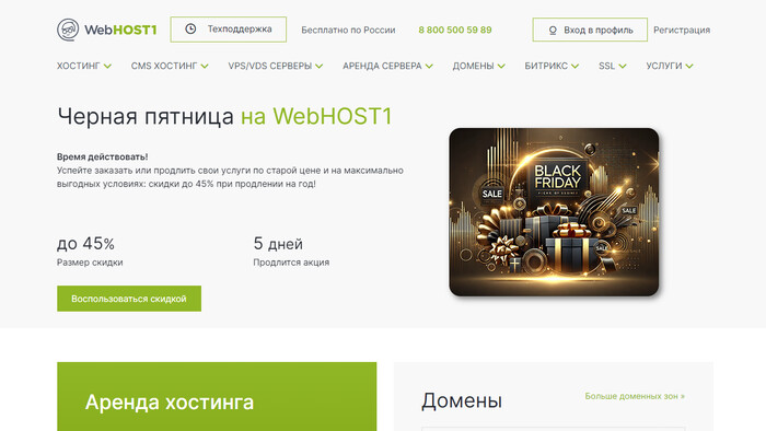 Скриншот хостера WebHOST1